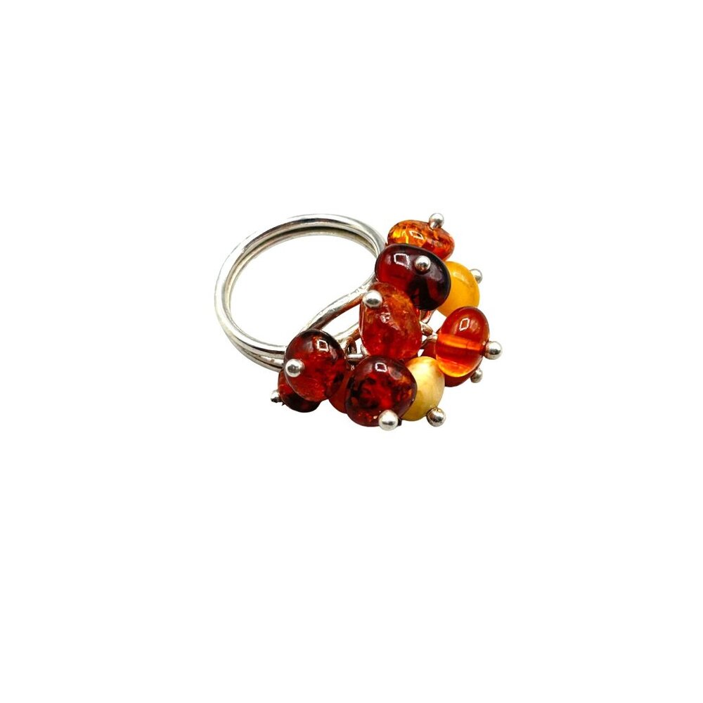 Vintage Amber Cluster Ring Size 7 Sterling Silver Genuine Amber Beads Red Orange